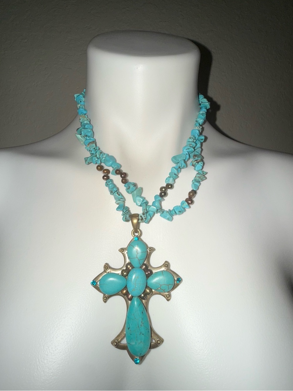 Turquoise Cross Pendant Necklace Stone Beaded Jewelry